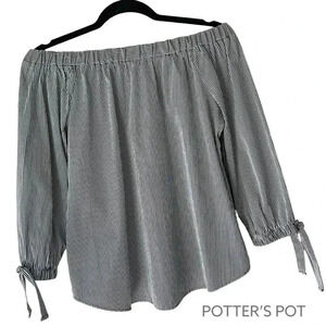 POTTER’S POT | NWOT | OFF SHOULDER BLUE & WHITE STRIPE TIE SLEEVE TOP | SMALL